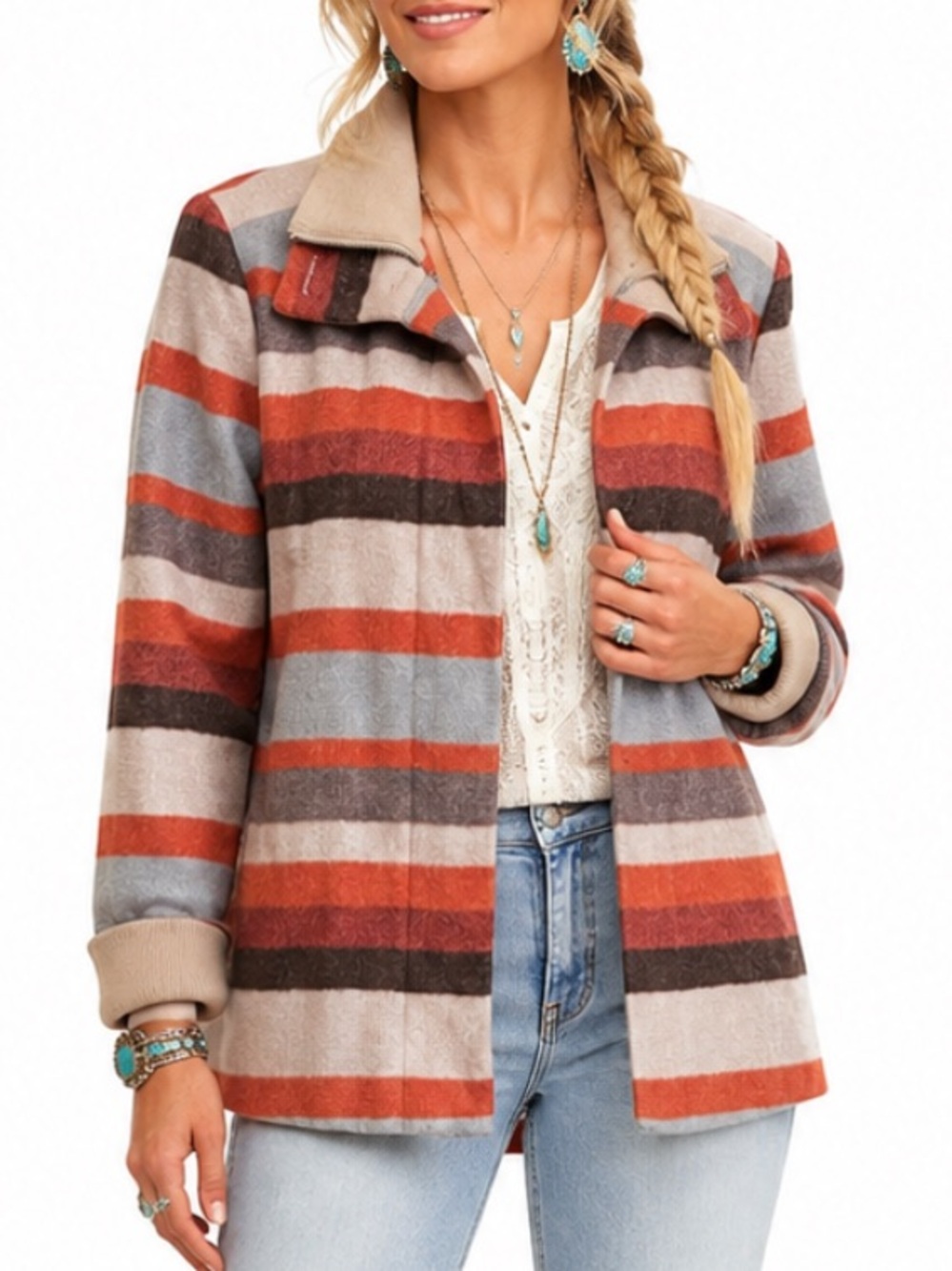 PRANAS LILY STRIPPED BOHO WOOL BLEND LINED JACKET SZ LG EUC